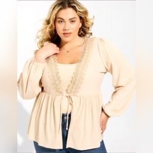 Torrid Super Soft Tie Front Blouse Cardigan Ribbed Lace Quiet Luxury Cream Taupe